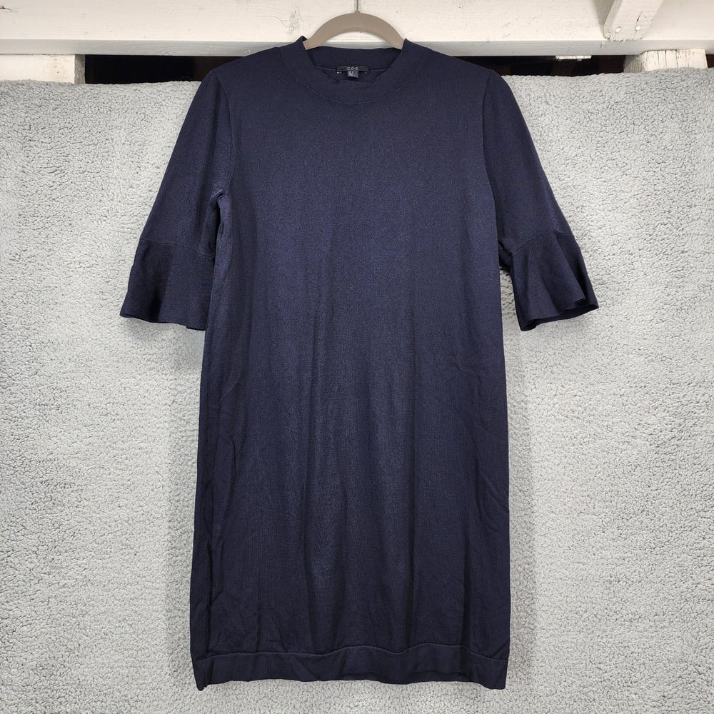 COS Womens Navy Blue Knit Bell Sleeve Mock Neck Shift Dress Size Small